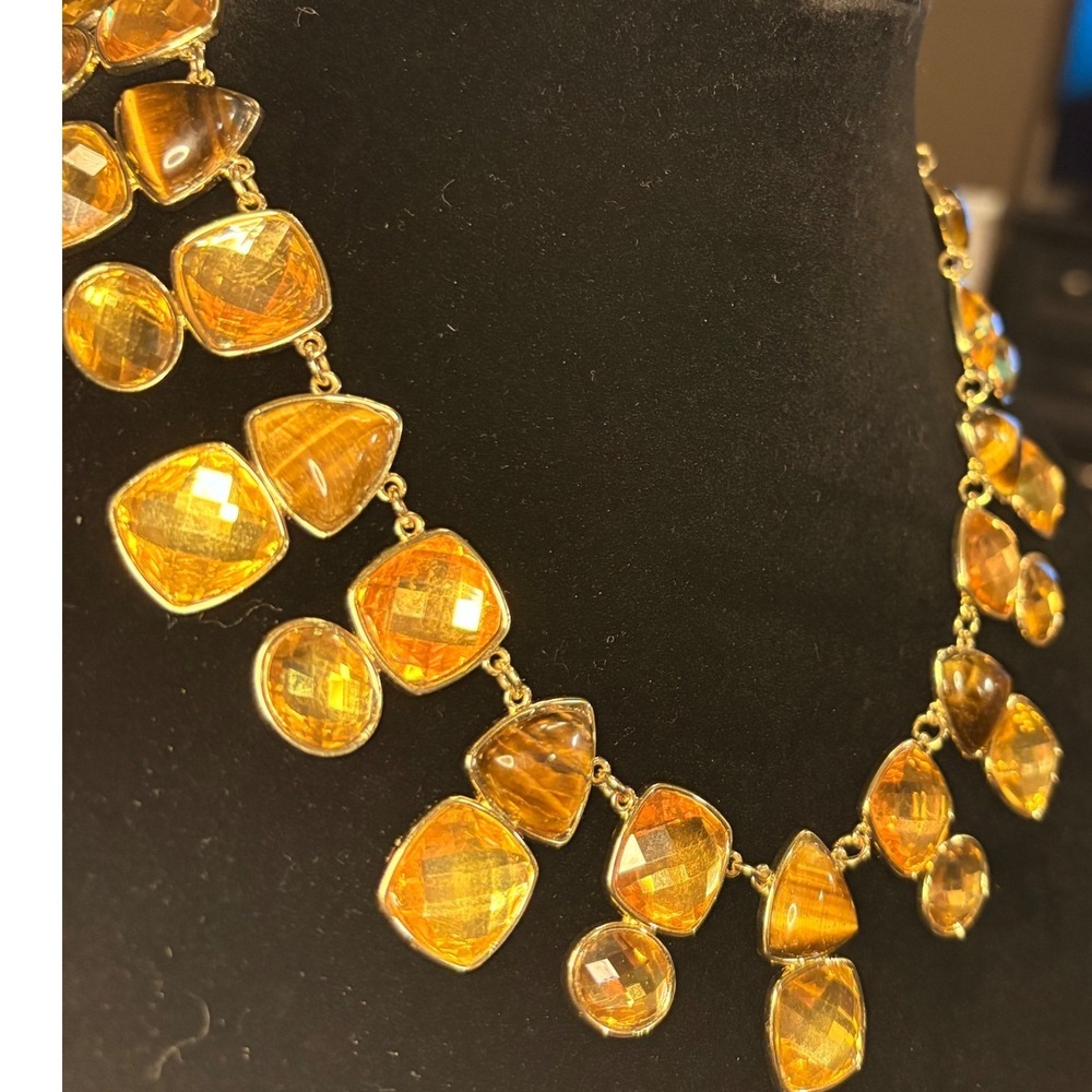 Gold Tone Amber tone Faceted Gemstone Statement Necklace
